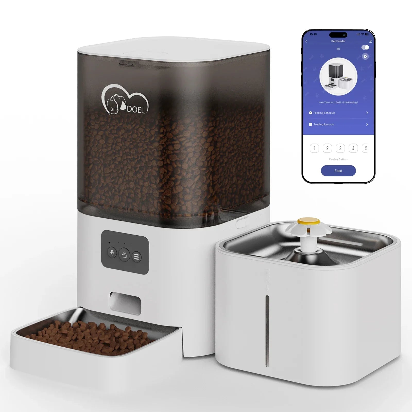 Distributeur de croquettes et fontaine à eau pour chat et chien