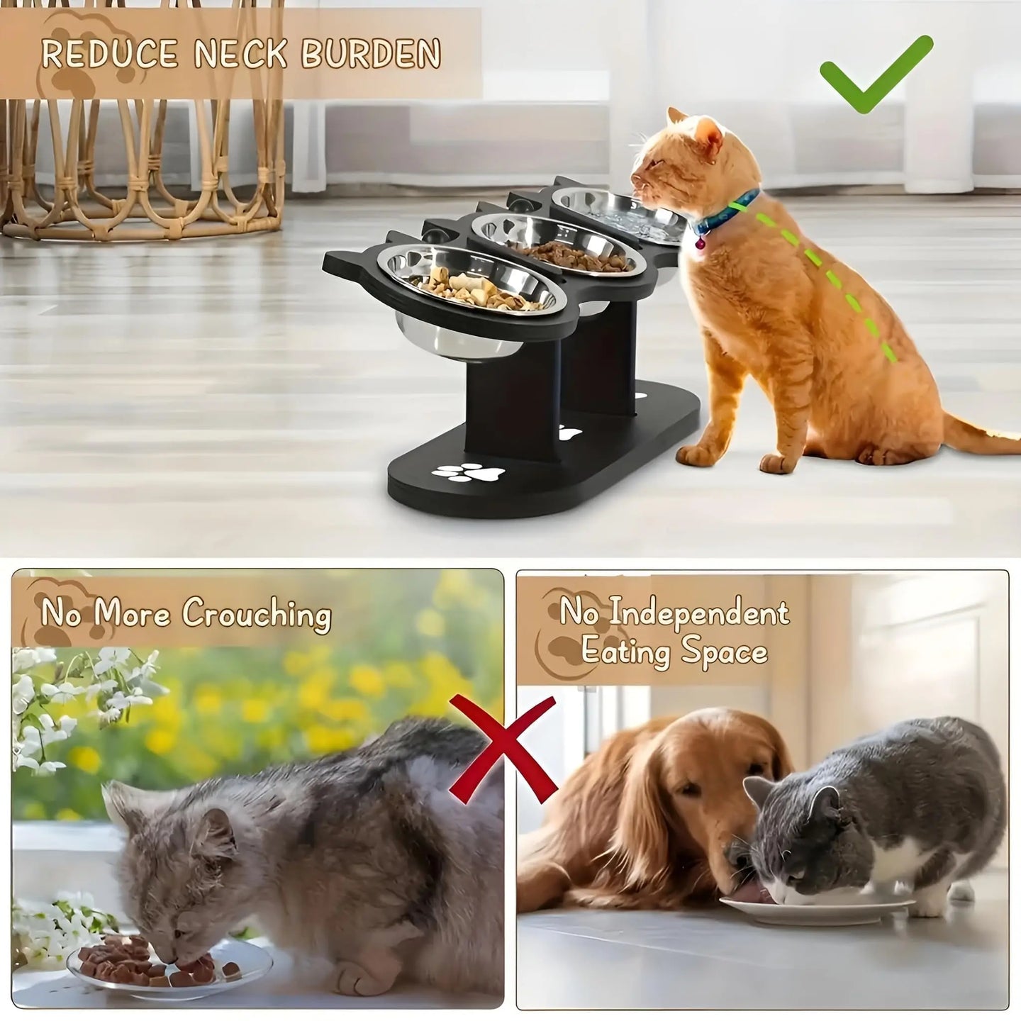 Bol pour Chats Élevé en Bois Noir - Bols en Acier Inoxydable pour un Confort Optimal, gamelle chat surélevée avec support élégant