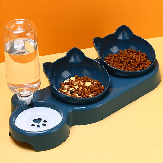 Pet Bowls With Water Feeder, 3 In 1 Ear Design Tilted Cat Water And Food Bowl Set With Gravity Water Bottle For Neck Protection – gamelle chat distributeur eau, vue du produit