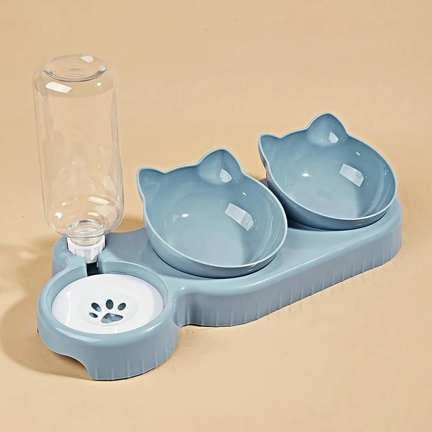 Pet Bowls With Water Feeder, 3 In 1 Ear Design Tilted Cat Water And Food Bowl Set With Gravity Water Bottle For Neck Protection – gamelle chat distributeur eau, accessoire repas pour chat