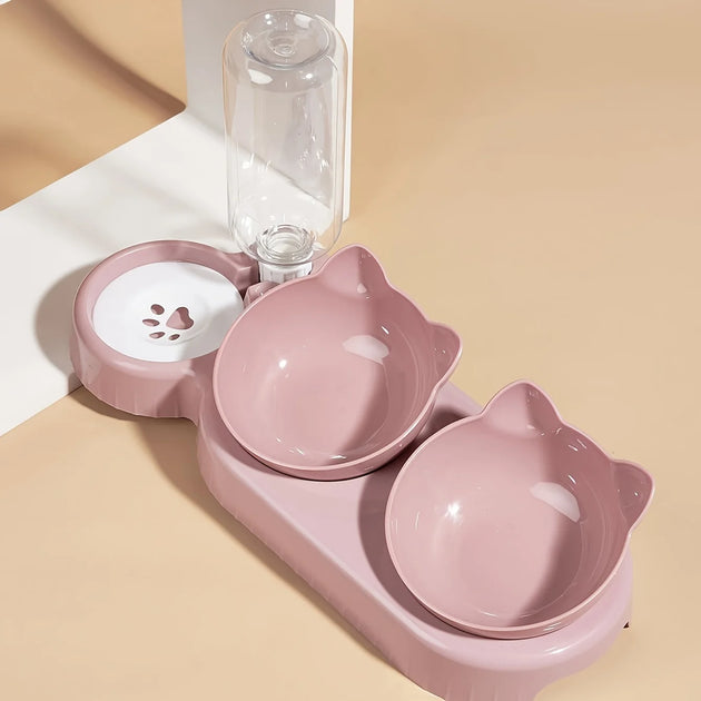 Pet Bowls With Water Feeder, 3 In 1 Ear Design Tilted Cat Water And Food Bowl Set With Gravity Water Bottle For Neck Protection – gamelle chat distributeur eau pour la maison