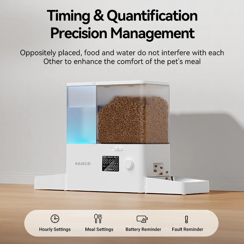 Fontaine automatique pour animaux ROJECO - Distributeur de nourriture et d'eau 2-en-1, fontaine eau chat programmable jusqu'à 10 repas par jour