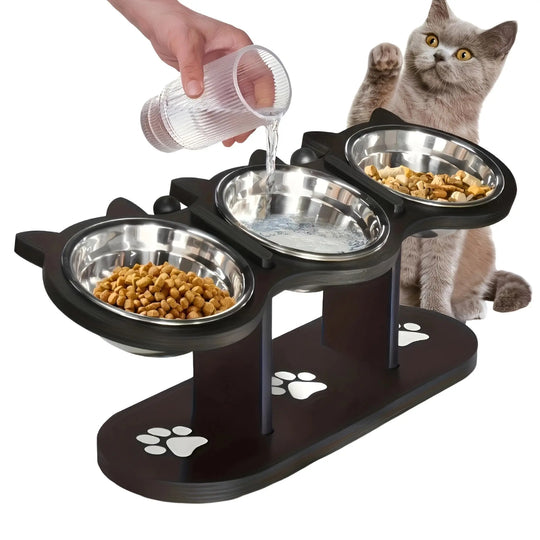 Bol pour Chats Élevé en Bois Noir - Bols en Acier Inoxydable pour un Confort Optimal, gamelle chat surélevée inclinée à 15°