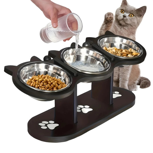 Bol pour Chats Élevé en Bois Noir - Bols en Acier Inoxydable pour un Confort Optimal, gamelle chat surélevée inclinée à 15°