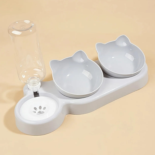 Pet Bowls With Water Feeder, 3 In 1 Ear Design Tilted Cat Water And Food Bowl Set With Gravity Water Bottle For Neck Protection – gamelle chat distributeur eau avec double bol