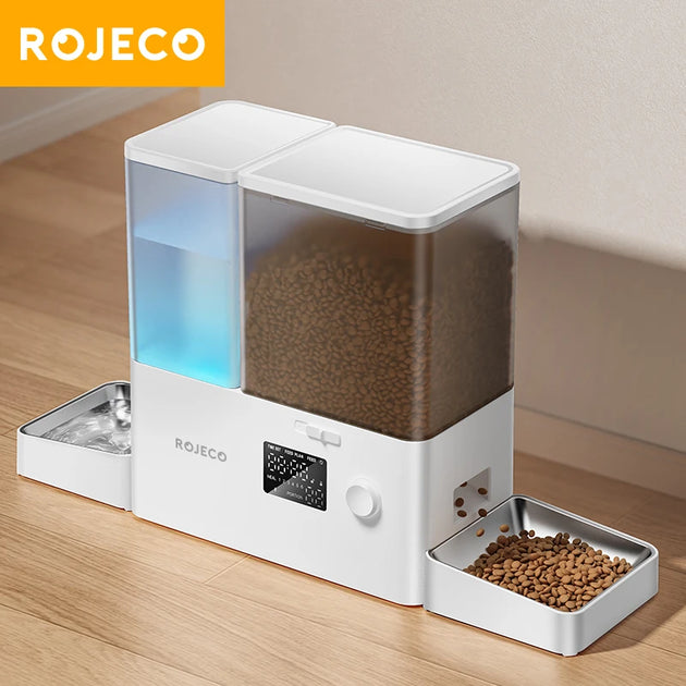 Fontaine automatique pour animaux ROJECO - Distributeur de nourriture et d'eau 2-en-1, fontaine eau chat avec bol en acier inoxydable