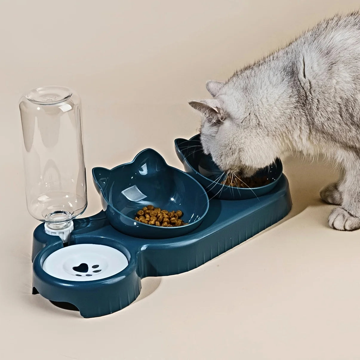 Pet Bowls With Water Feeder, 3 In 1 Ear Design Tilted Cat Water And Food Bowl Set With Gravity Water Bottle For Neck Protection – gamelle chat distributeur eau inclinée pour nourriture et eau