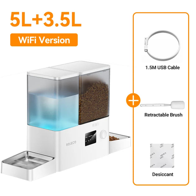 Fontaine automatique pour animaux ROJECO - Distributeur de nourriture et d'eau 2-en-1, fontaine eau chat illustrant une fonctionnalité pratique