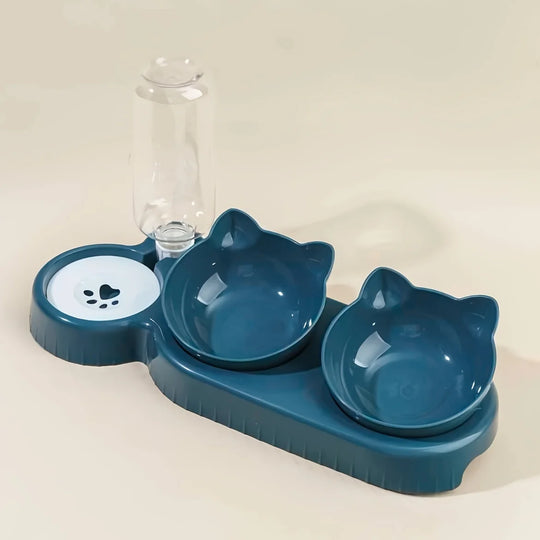 Pet Bowls With Water Feeder, 3 In 1 Ear Design Tilted Cat Water And Food Bowl Set With Gravity Water Bottle For Neck Protection – gamelle chat distributeur eau pour une alimentation pratique