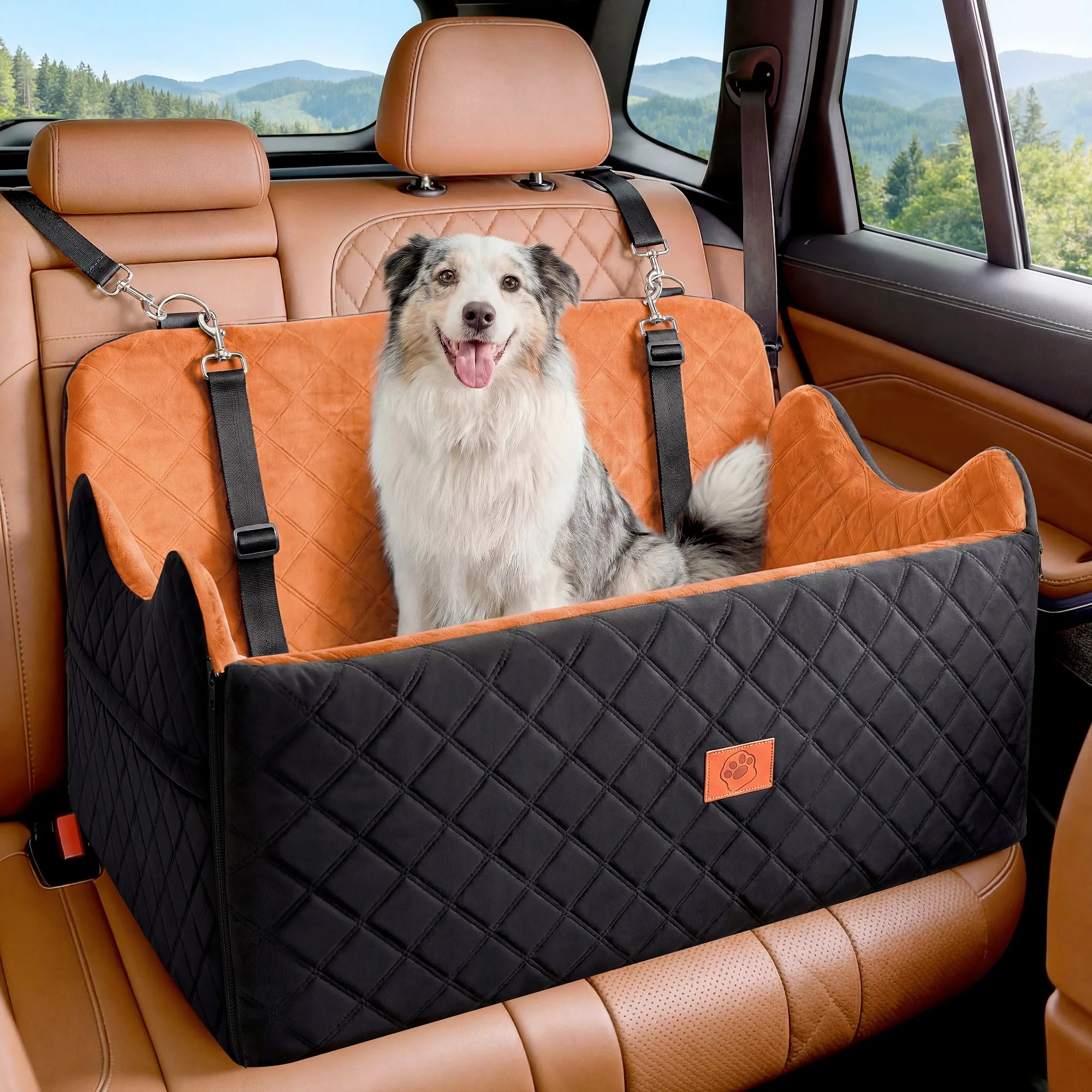 Siège auto à mémoire de forme pour chien avec rangement