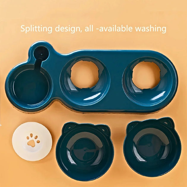 Pet Bowls With Water Feeder, 3 In 1 Ear Design Tilted Cat Water And Food Bowl Set With Gravity Water Bottle For Neck Protection – gamelle chat distributeur eau au design oreilles
