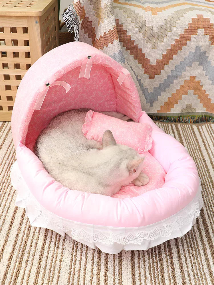Lit Pour Petit Chien À Coussin Lavable En Coton, Tailles S/M/L, Motif Floral – vue du panier rose avec bordure en dentelle