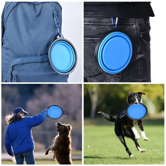 Bol silicone pliable chien avec mousqueton – Bleu - Filles d’eau pliable pour animaux de compagnie