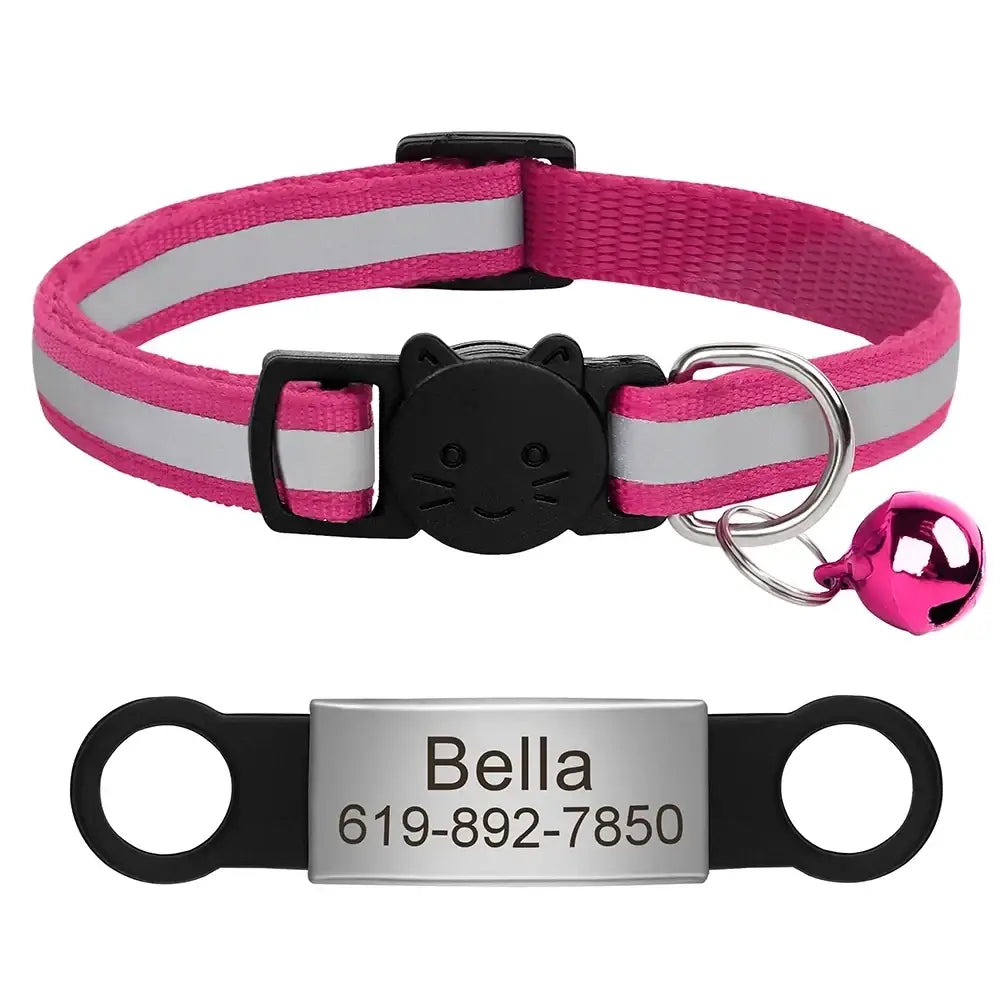 Collier chat réfléchissant rouge avec plaque gravée personnalisable - Rose 88 / 20-33cm - Collier pour chat