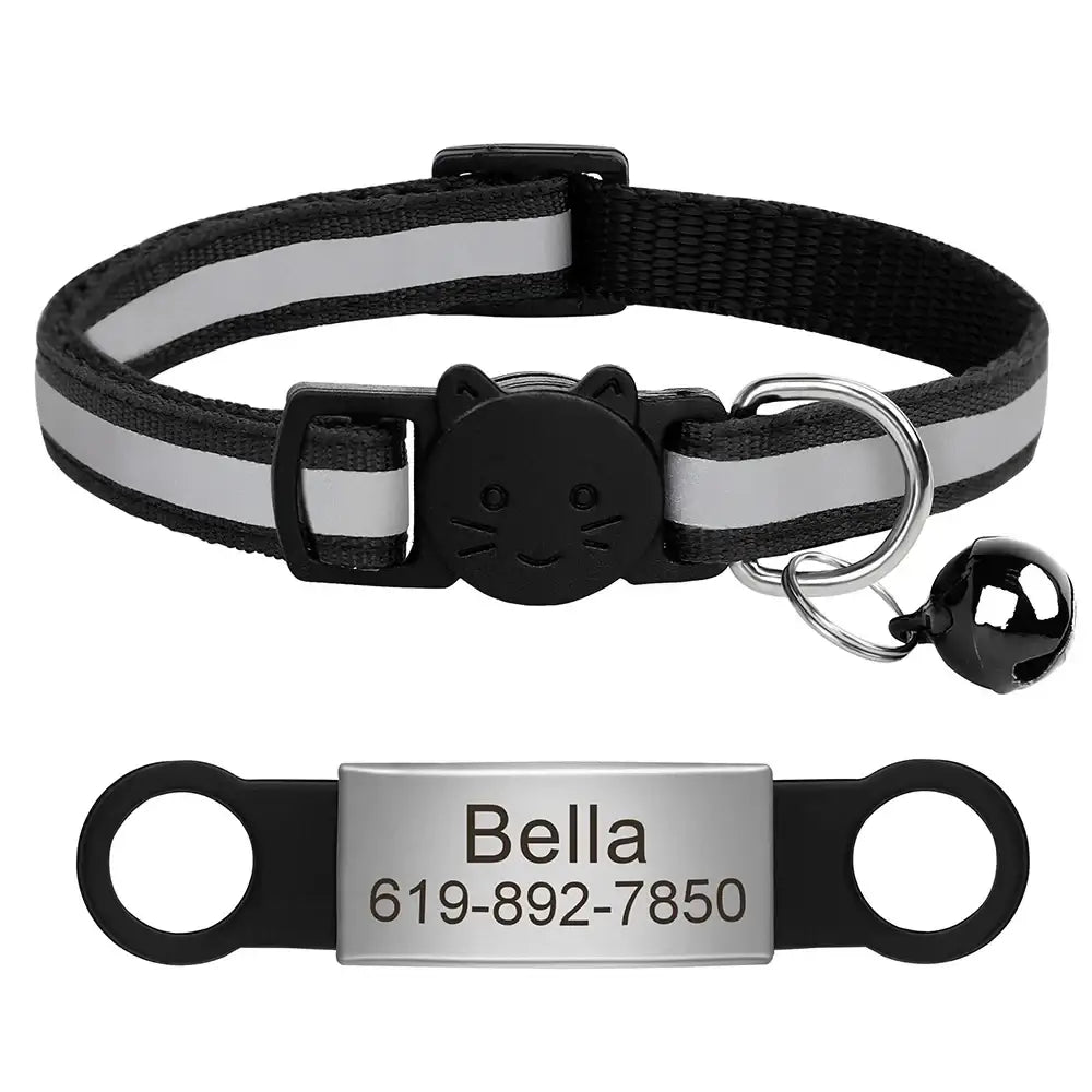 Collier chat réfléchissant rouge avec plaque gravée personnalisable - Noir 88 / 20-33cm - Collier pour chat