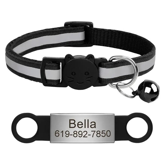 Collier chat réfléchissant rouge avec plaque gravée personnalisable - Noir 88 / 20-33cm - Collier pour chat