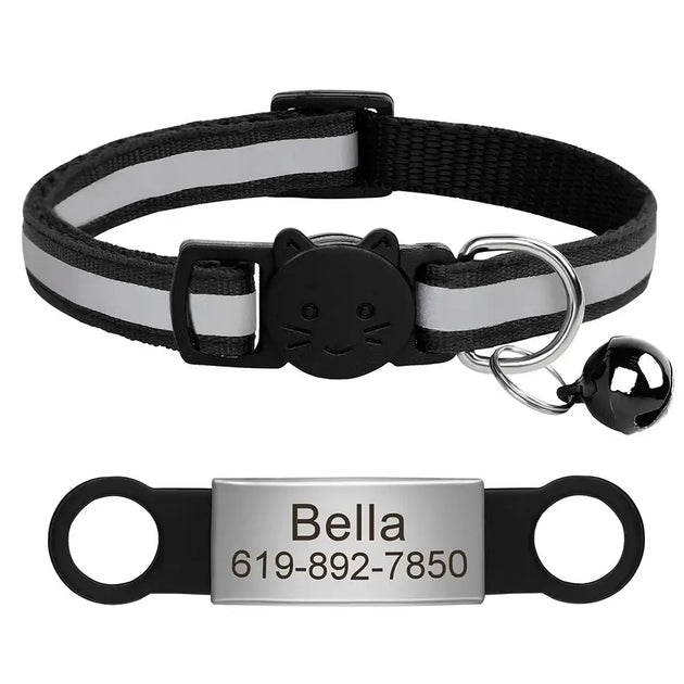 Collier chat réfléchissant rouge avec plaque gravée personnalisable - Noir 88 / 20-33cm - Collier pour chat