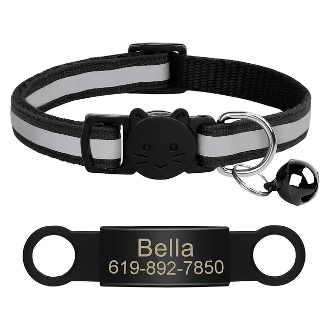 Collier chat réfléchissant rouge avec plaque gravée personnalisable - Noir 341 / 20-33cm - Collier pour chat
