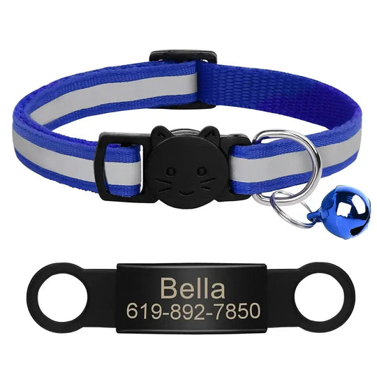 Collier chat réfléchissant rouge avec plaque gravée personnalisable - Bleu 341 / 20-33cm - Collier pour chat