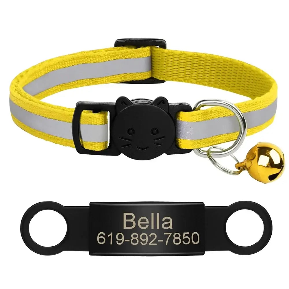 Collier chat réfléchissant rouge avec plaque gravée personnalisable - Jaune 341 / 20-33cm - Collier pour chat