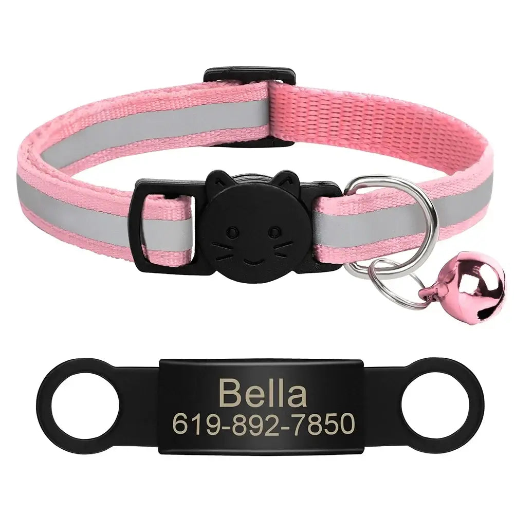 Collier chat réfléchissant rouge avec plaque gravée personnalisable - Rose341 / 20-33cm - Collier pour chat