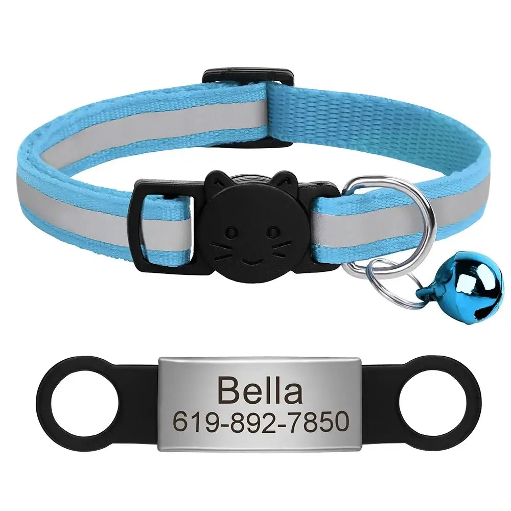 Collier chat réfléchissant rouge avec plaque gravée personnalisable - Lbleu 88 / 20-33cm - Collier pour chat