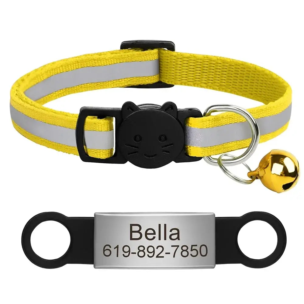 Collier chat réfléchissant rouge avec plaque gravée personnalisable - Jaune 88 / 20-33cm - Collier pour chat