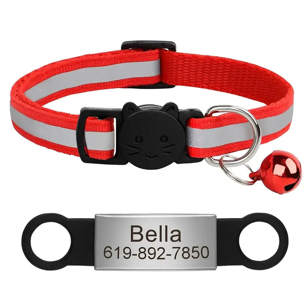 Collier chat réfléchissant rouge avec plaque gravée personnalisable - Rouge 88 / 20-33cm - Collier pour chat