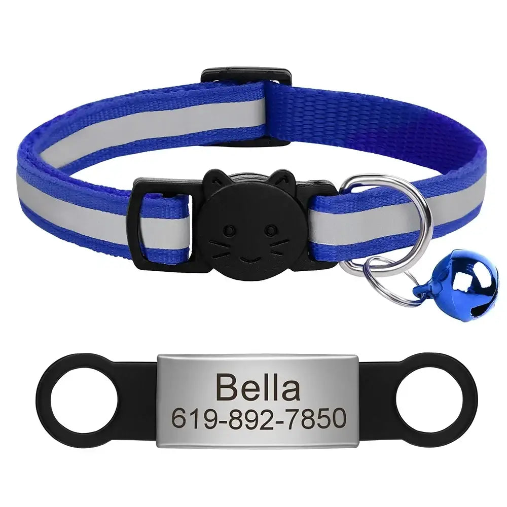 Collier chat réfléchissant rouge avec plaque gravée personnalisable - Bleu 88 / 20-33cm - Collier pour chat