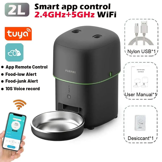 Distributeur de croquettes wifi 4L pour chien et chat - Application Tuya 2 L Noir / Compatible avec les réseau 5 G