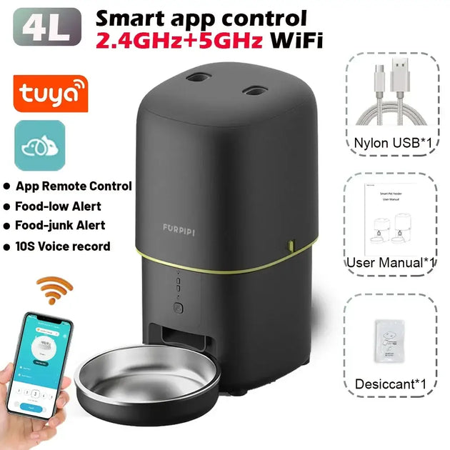 Distributeur de croquettes wifi 4L pour chien et chat - Tuya Application 4 L Noir / Compatible avec les réseau 5 G