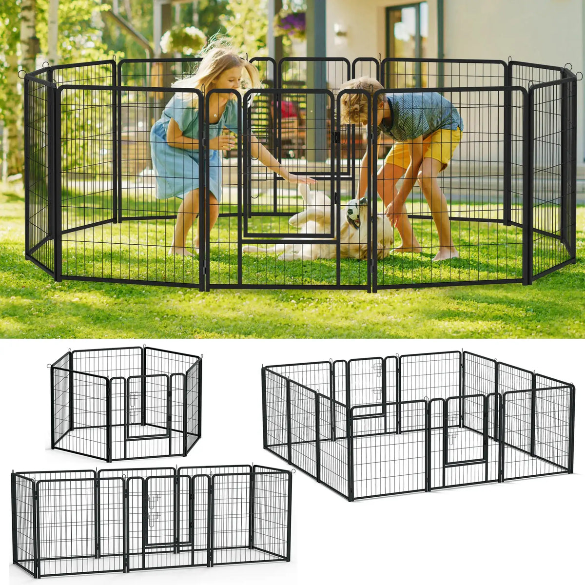 Enclos pour jeux avec un animal de type métal noir avec panneaux emboîtables et une porte.