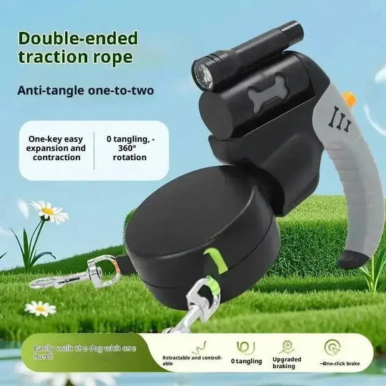 Laisse rétractable double chien 3m avec LED – Noir et gris - Laisse pour chien