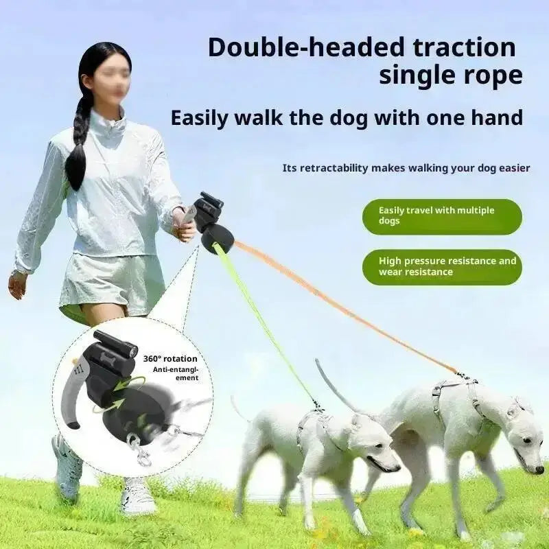 Laisse rétractable double chien 3m avec LED – Noir et gris - Laisse pour chien