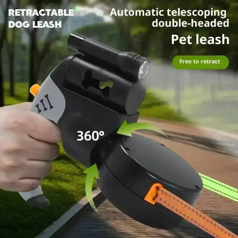 Laisse rétractable double chien 3m avec LED – Noir et gris - Laisse pour chien